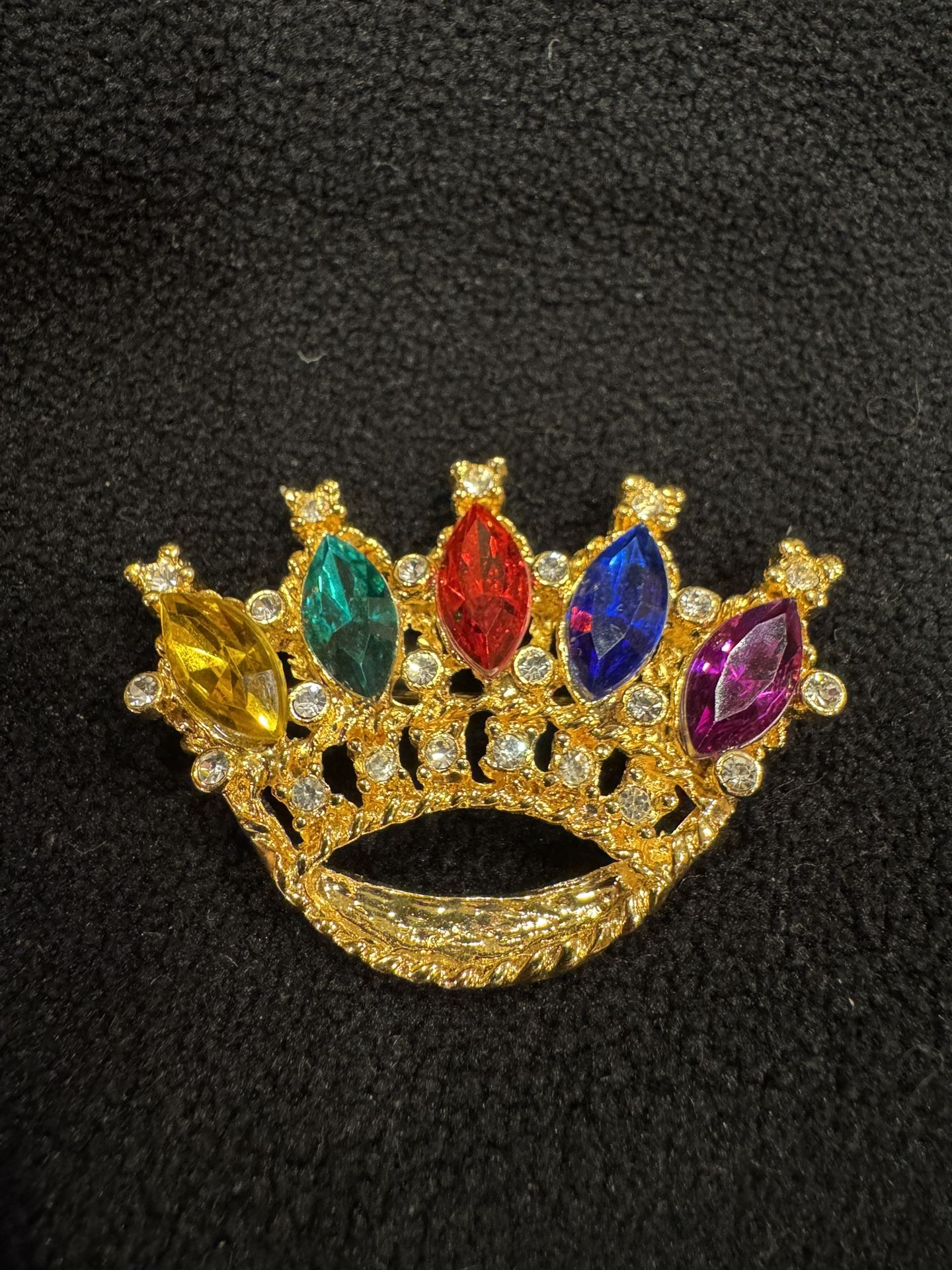 Vintage Colorful Crystal Rhinestone Gold Tone Royal Crown Pin Brooch