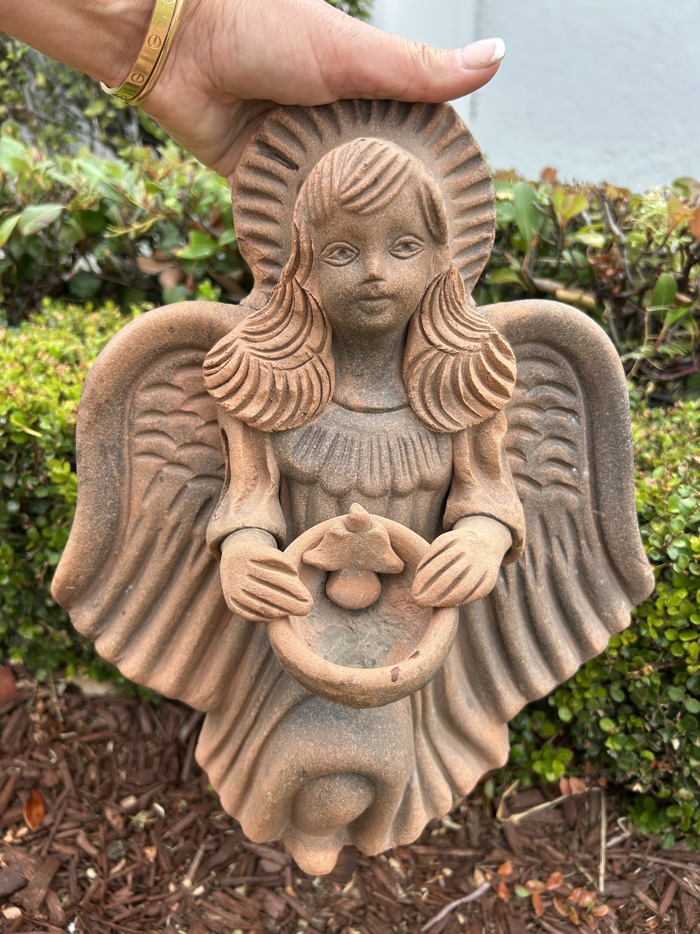 Vintage Angel Mexico Terracotta Wall Girl Bird Sculpture Garden Statue Artwork Clay Yard Art Antique Collectible Rare