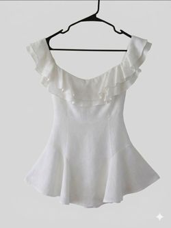 White Ruffle Neckline Peplum Top