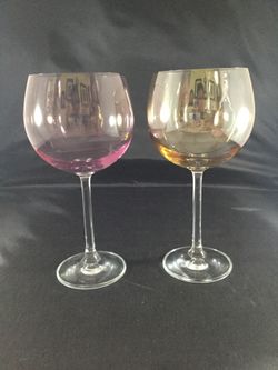 Vintage Hand Blown Wine Glasses Gold Mirror & Purple Mirror Finish