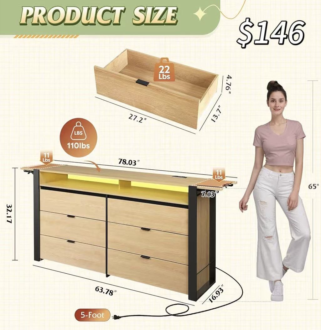 😀 78 Inch Dresser for Bedroom, Long Chest of6Drawers Expandable Wood Dresser from 5'3" to 6'5'' with Flexible Shelves and Hanging Rack, Led Dressers