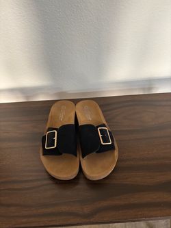 Black Suede Slide Sandals with Gold Buckle