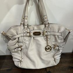 Michael Kors MK Leather Large Slouchy Hobo Tote Purse Bag Ivory With Gold Details, Computer Bag