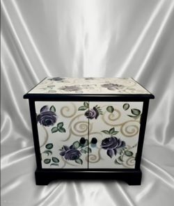 Floral Rose Pattern Nightstand Cabinet Black Frame Double Doors Knobs 23×16×22