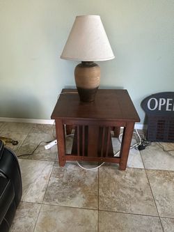 Mission Style Wooden End Table and lamp