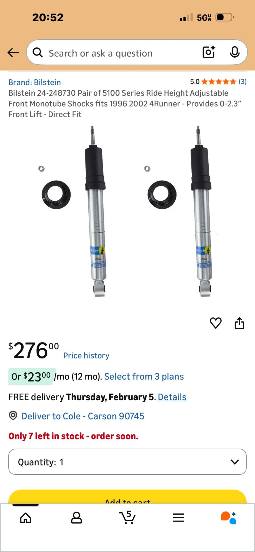 Bilstein 24-248730 Pair of 5100 Series Adjustable Front Shocks fits 1(contact info removed) 4Runner