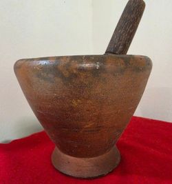 Large Heavy Antique Primitive Apothecary Red Clay Mortar & Wood Pestle Excellent