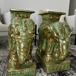  Pair Chinese Ceramic Elephant Signed Mid Century Garden Seat End Tables 