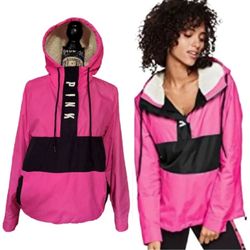 NWT Victorias Secret Pink Anorak Pull Over Jacket Pink Sherpa Rare Size XS/small Windbreaker 