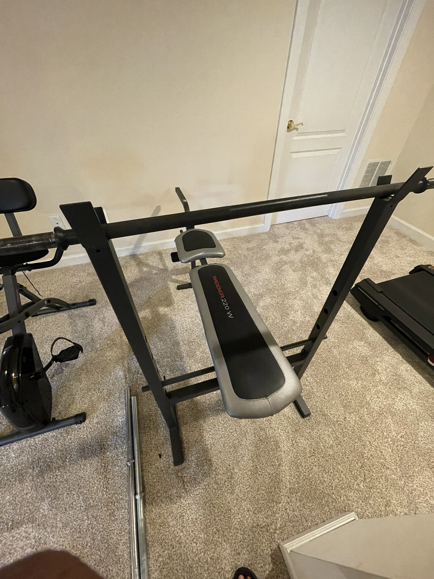 Bench Set With 3 Barbells, 2 Dumbbells, And Weight Plates