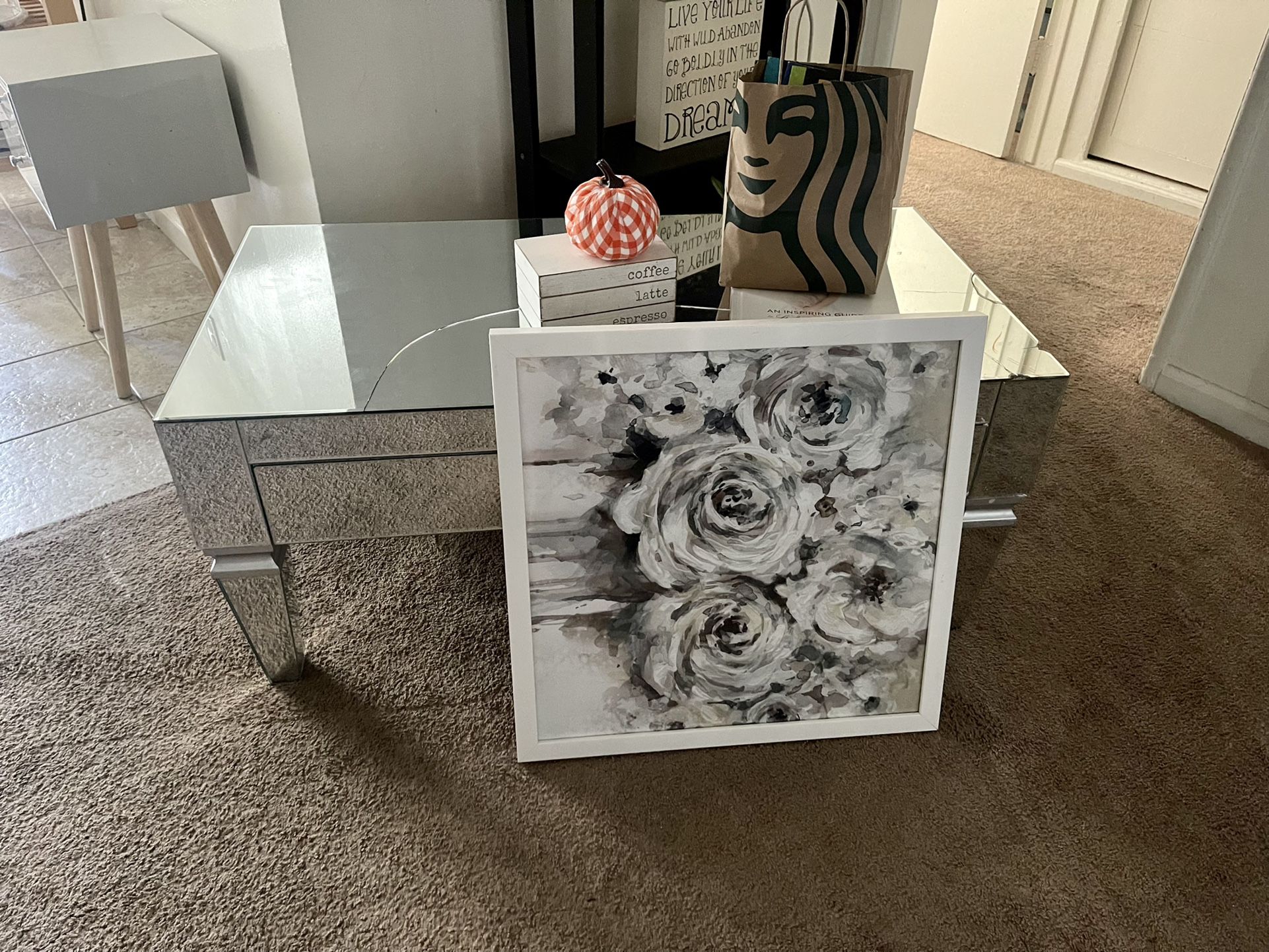 Mirrored Glass Table, Frame, & Home Decor Items. 