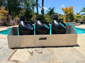 JEGS Aluminum Jug Holder / Tray / Storage + (3) of 5 gallon gas cans