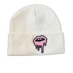 GiG Drippy Lips Iconic Beanie Knit Hat White Pink Skull Cap Drip Lip