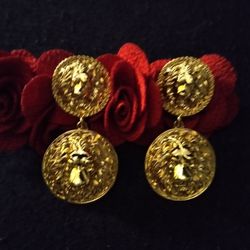 Gold Tone Lion Head Dangling Earrings 