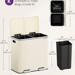 SONGMICS Trash Can, 2 x 10.6 Gallon (2 x 40 L) Garbage Can for Kitchen, with 15 Trash Bags, 2 Compartments, Plastic Inner Buckets and Hinged Lids, Air