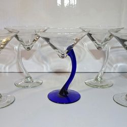 Libbey Bravura Curved Stem Martini Glass Set of 5 Clear & Cobalt Blue Glassware