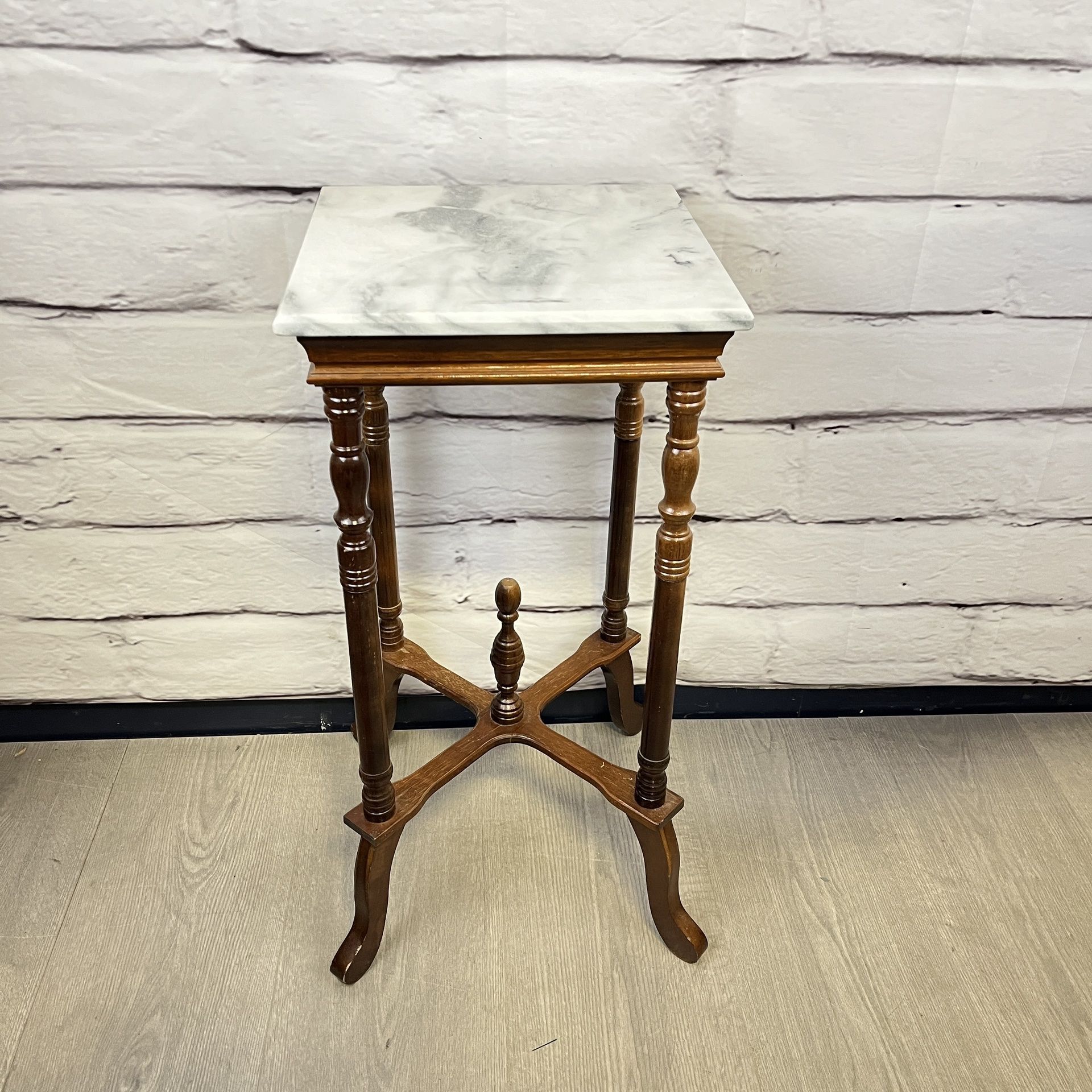 Vintage Marble & Wood Plant Stand Or Side Table