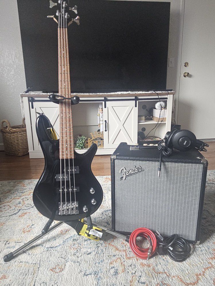 Ibanez Bass With Stand, Speaker, And Head Phones