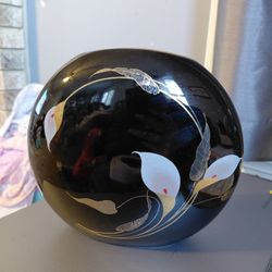 Otagiri Round Black Vase With Cala Lillies Japan 4.5"
