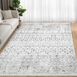 8x10 Large Ultra Soft Easy Clean Machine Washable Geometric Non-Shedding Area Rug,  Gray/White, NEW