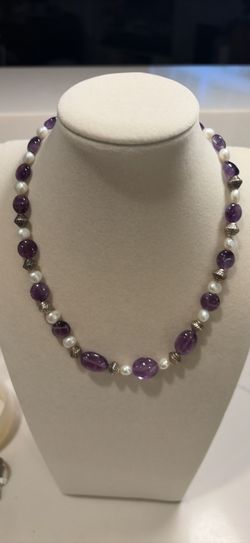 Amethyst, Pearl and sterling Silver Station Necklace with Toggle Clasp