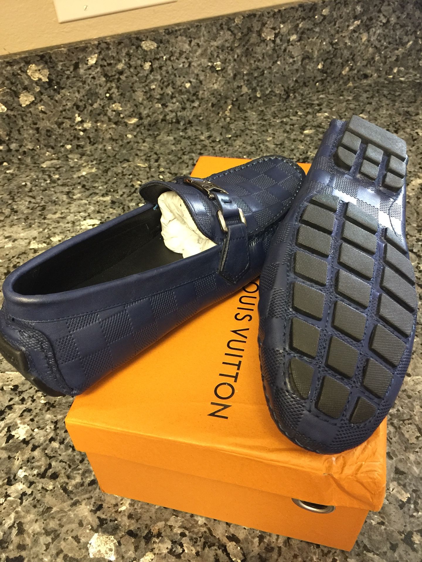 LOUIS VUITTON MENS BLUE LEATHER LOAFER SHOES SIZE 7.5