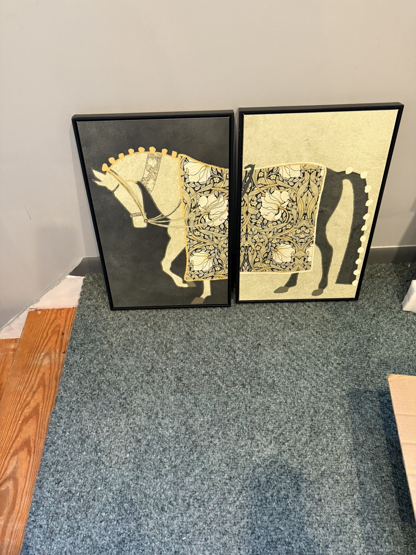 2pc Abstract Green Floral Horse Art 24x36