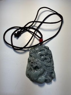 Carved Dragon Jadeite Style Pendant Necklace Green Stone 19g