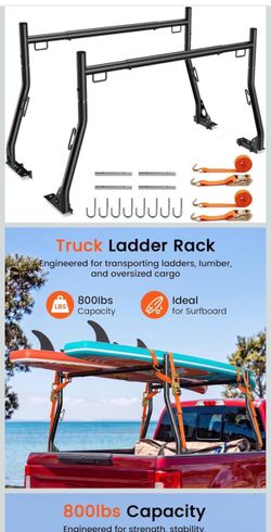Truck Bed Ladder Racks, 800 lbs Capacity, Non-Drilling Pickup Cargo Carrier, Steel, 49"-73" Adjustable, J-Bolt Mount, for Kayak, Lumber, Surfboard, Pi