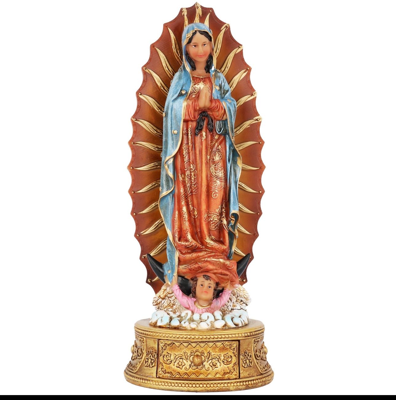 9.5 Inch Intricately Detailed Resin Figurine of Our Lady Of Guadalupe W/ Rosary Drawer Virgen De Guadalupe con Cajon Para Rosario
