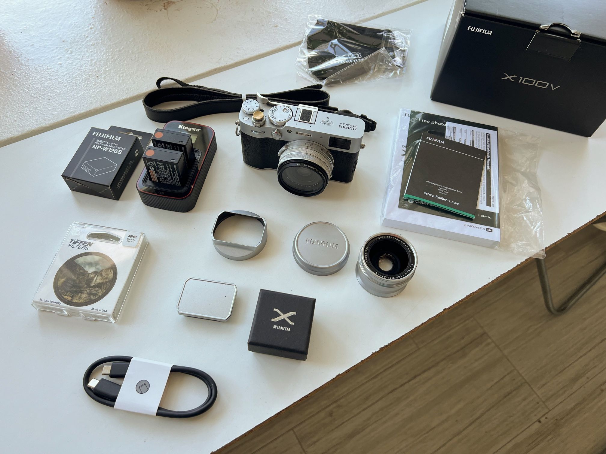 Fujifilm X100V (Silver) w/ 28mm Wide Conversion Lens, Tiffen Black Pro Mist Filter, Extra Battery, Haoge Hood. (All Mint Condition!)