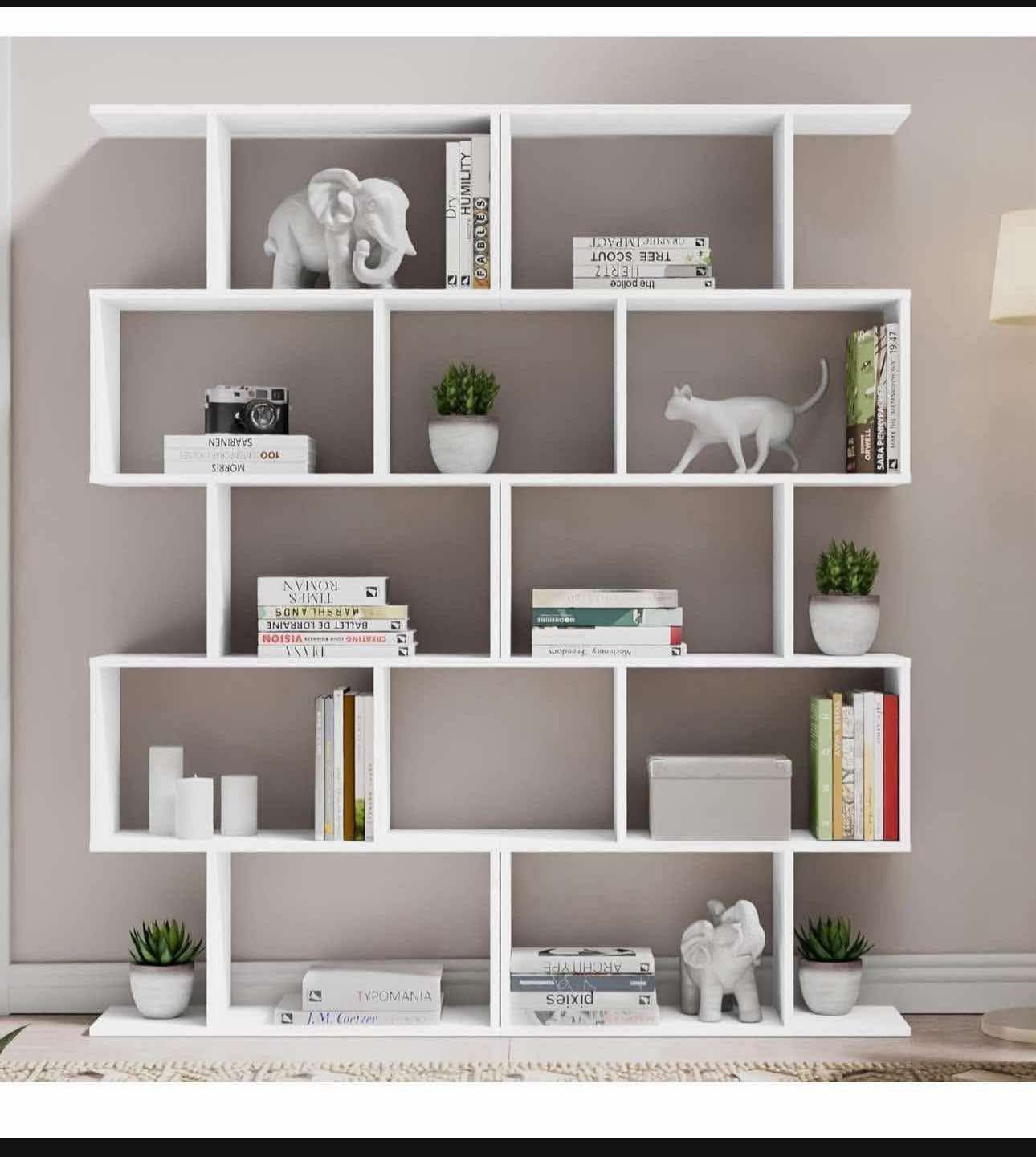 Office, . Pair Of 62" Tall Unique Bookcase with 5-Tier Display Shelf for Living Room Office, White S-42