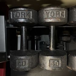 Vintage York Roundhead 40 lb dumbbells 40lbs 40lb dumbbell lbs weights weight round head roundheads Cast Iron USA Stamped