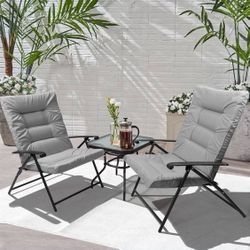 Brand new camping chairs, portable chairs, foldable chairs, folding chairs, brand new three-piece patio set