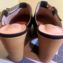 Black Suede Clog Mule Platform Heels Size 7 - Wood Block Heel - Good Used