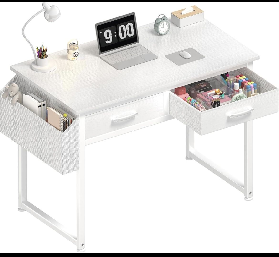DLisiting White Small Desk with Fabric Drawers - 32 Inch Vanity Desk with Storage Drawer and Bag for Bedroom, Study Writing Table for Small Spaces, Wh