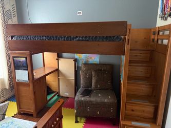 Twin size wooden loft bed with desk and stairs drawers