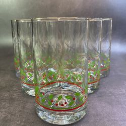 Set of (6) Beautiful Vintage ARBY'S HOLLY BERRY Christmas Holiday Drinking Glass Collection 5 1/4” Tumbler Glasses.  1984. One glass does not have gol