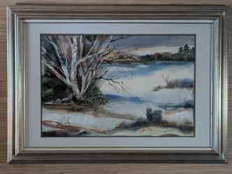 Landscape Watercolor, Winter Mountain Lake (Artist signed)