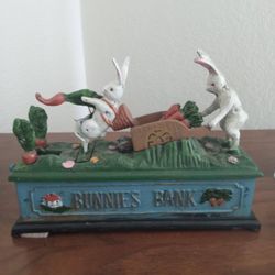 VINTAGE CAST IRON MECHANICAL BUNNIES BANK