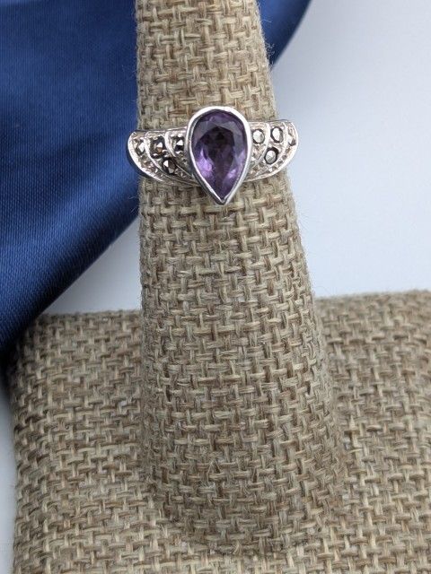 ππβ¨925 Sterling Silver Marcasite Ring Purple CZ Stone SIZE 5β¨π