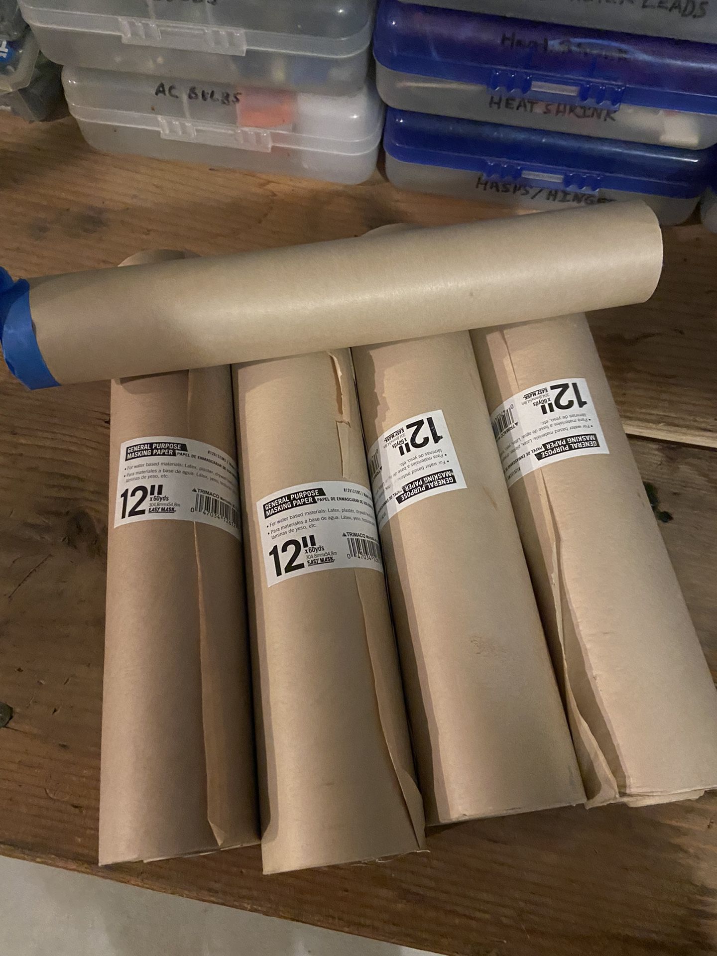12” Masking Paper, 4 New, Unopened Rolls And 1 Partial Roll.