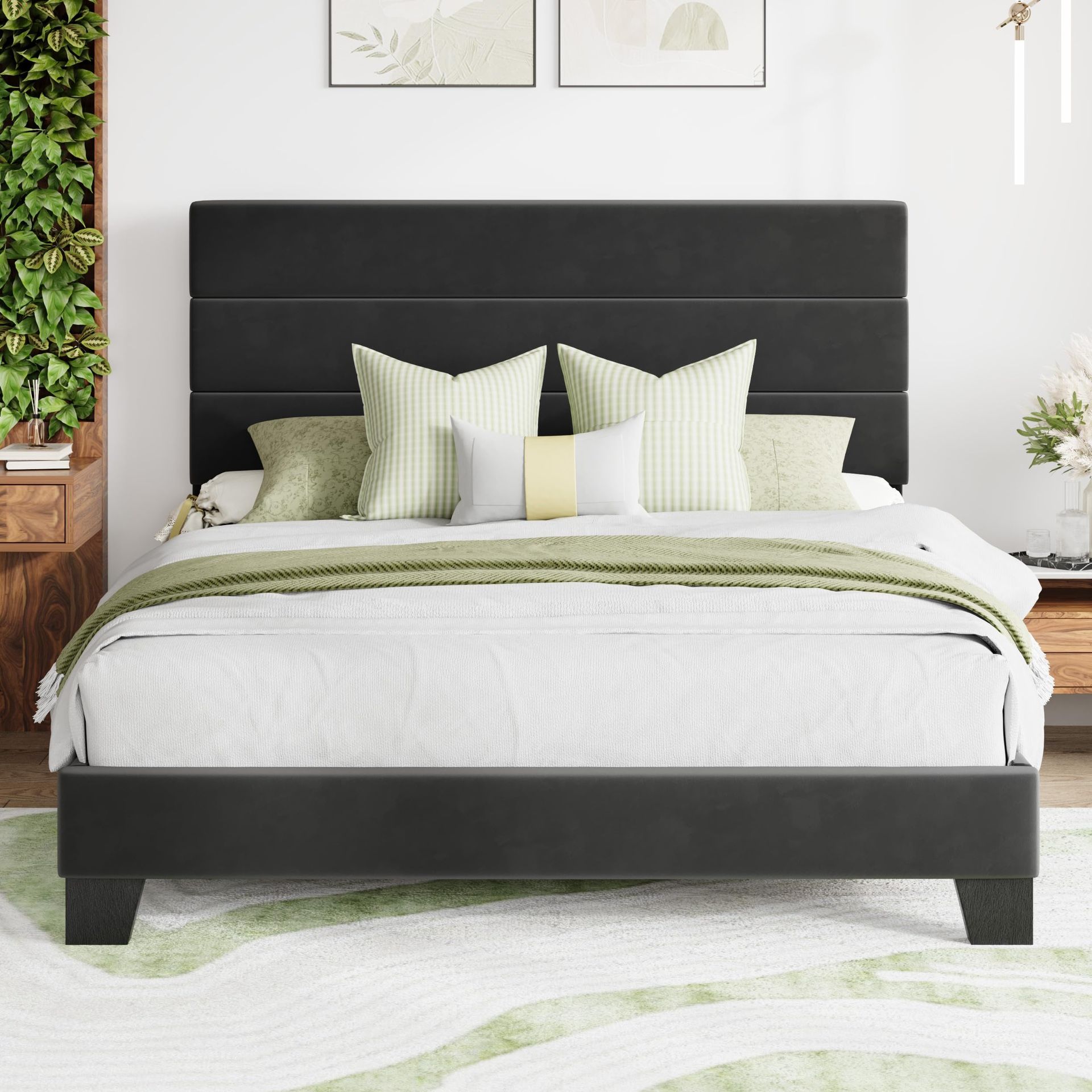 Queen Size Velvet Upholstered Platform Bed Frame with Headboard, Heavy Duty Solid Wood Slats, No Box Spring Required, Easy Assembly,