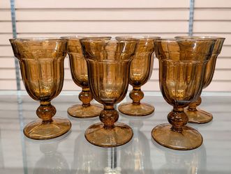 Vintage Set Of 6 Amber Brown Pressed Glass Goblets Water Wine Juice Stemware