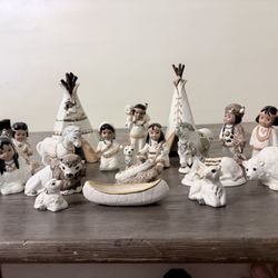 White Ceramic Native American Nativity Scene – 21 Pieces