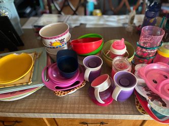 Large Assortment of Children's Bowls, Plates, and Sippy Cups