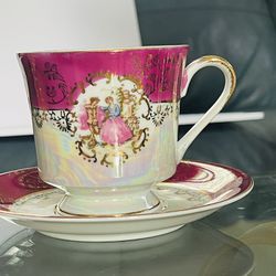 Vintage Lusterware Burgundy Japanese Tea Cup & Saucer