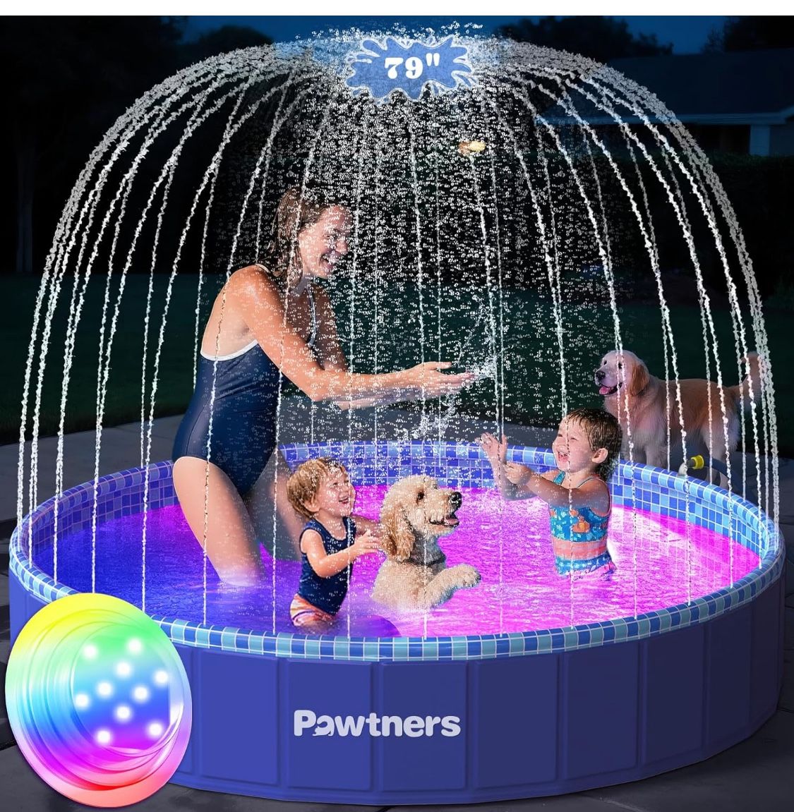 Foldable Dog Pool with Sprinkler RGB LED Light, 79" Collapsible Hard Plastic Kiddie Swimming Splash Pool for Small Medium Large Doggie Kitty Puppy, Pe