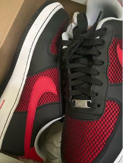 US 10.5 Nike Air Force 1 sneaker in a Black/University Red-Wolf Grey-White colorway with a US men's
