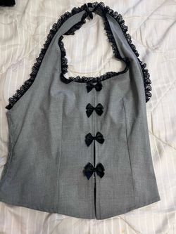 Grey halter top with black lace trim and bows #goth #alt